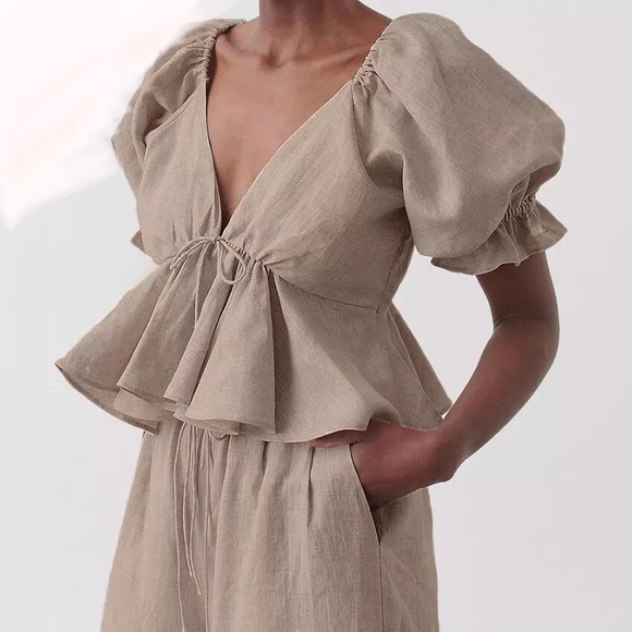 Tops - Top T-Shirt puff sleeve peplum khaki linen cotton linen